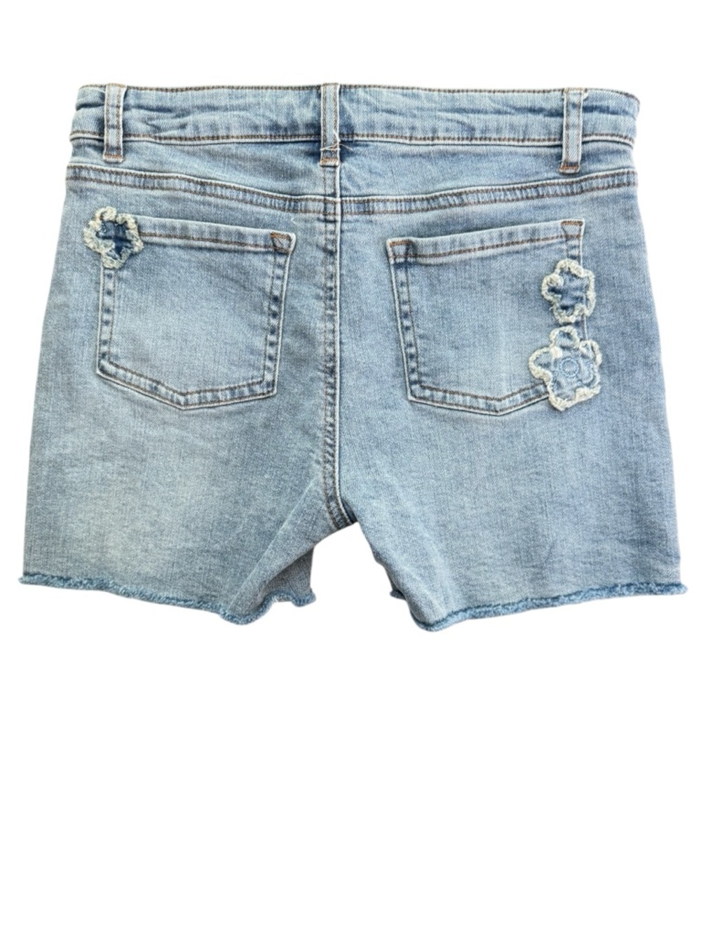 Tractr Denim Shorts Girls Light Wash Size 14 Crochet Flower Patch Frayed NWT - Picture 5 of 11